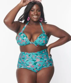 Unique Vintage Two Piece Swim|Swim Bottoms>Plus Size Teal Flower Child Monroe Swim Bottom