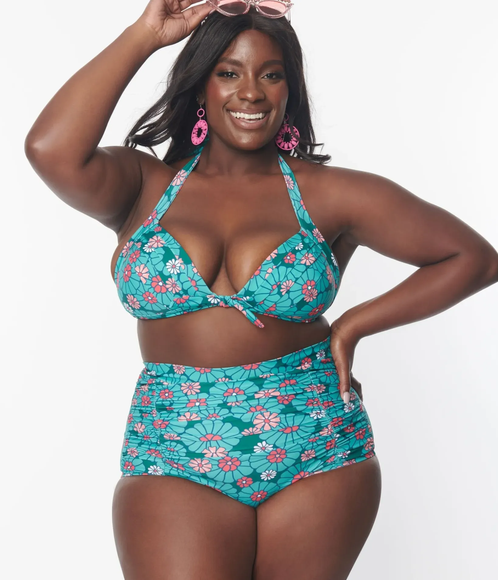 Unique Vintage Two Piece Swim|Swim Bottoms>Plus Size Teal Flower Child Monroe Swim Bottom