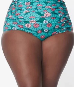 Unique Vintage Two Piece Swim|Swim Bottoms>Plus Size Teal Flower Child Monroe Swim Bottom