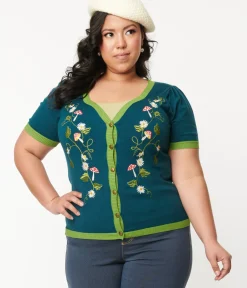 Unique Vintage Sweaters & Cardigans>Plus Size Teal Mushroom & Daisy Embroidered Cardigan