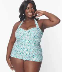 Unique Vintage One Piece Swim|One Piece Swim>Plus Size Turquoise Retro Hearts Print Corrine Sheath Swimsuit