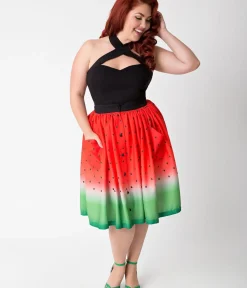 Unique Vintage Skirts|Skirts>Plus Size Watermelon Ombre Button Up Elora Swing Skirt