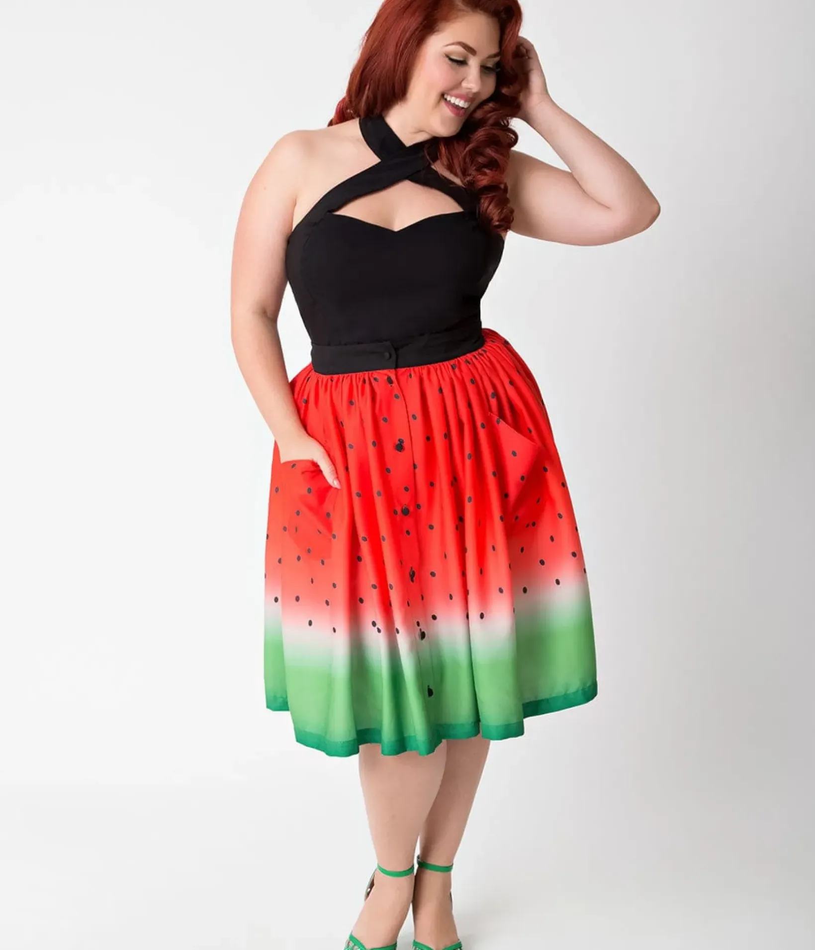 Unique Vintage Skirts|Skirts>Plus Size Watermelon Ombre Button Up Elora Swing Skirt