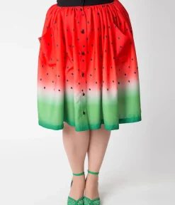 Unique Vintage Skirts|Skirts>Plus Size Watermelon Ombre Button Up Elora Swing Skirt