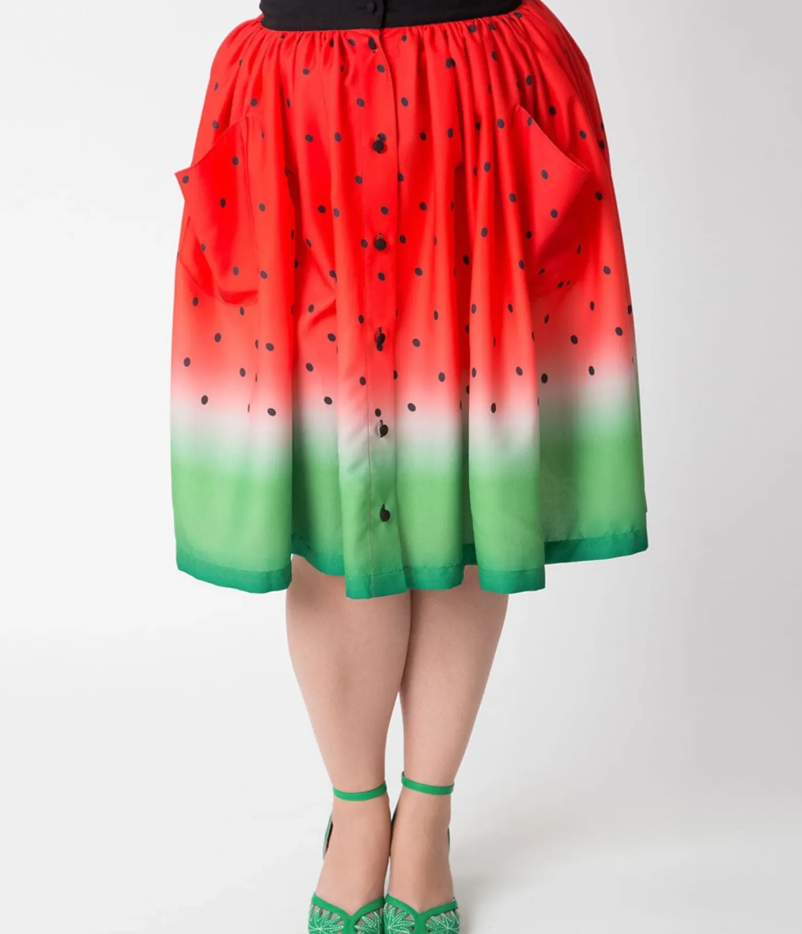Unique Vintage Skirts|Skirts>Plus Size Watermelon Ombre Button Up Elora Swing Skirt