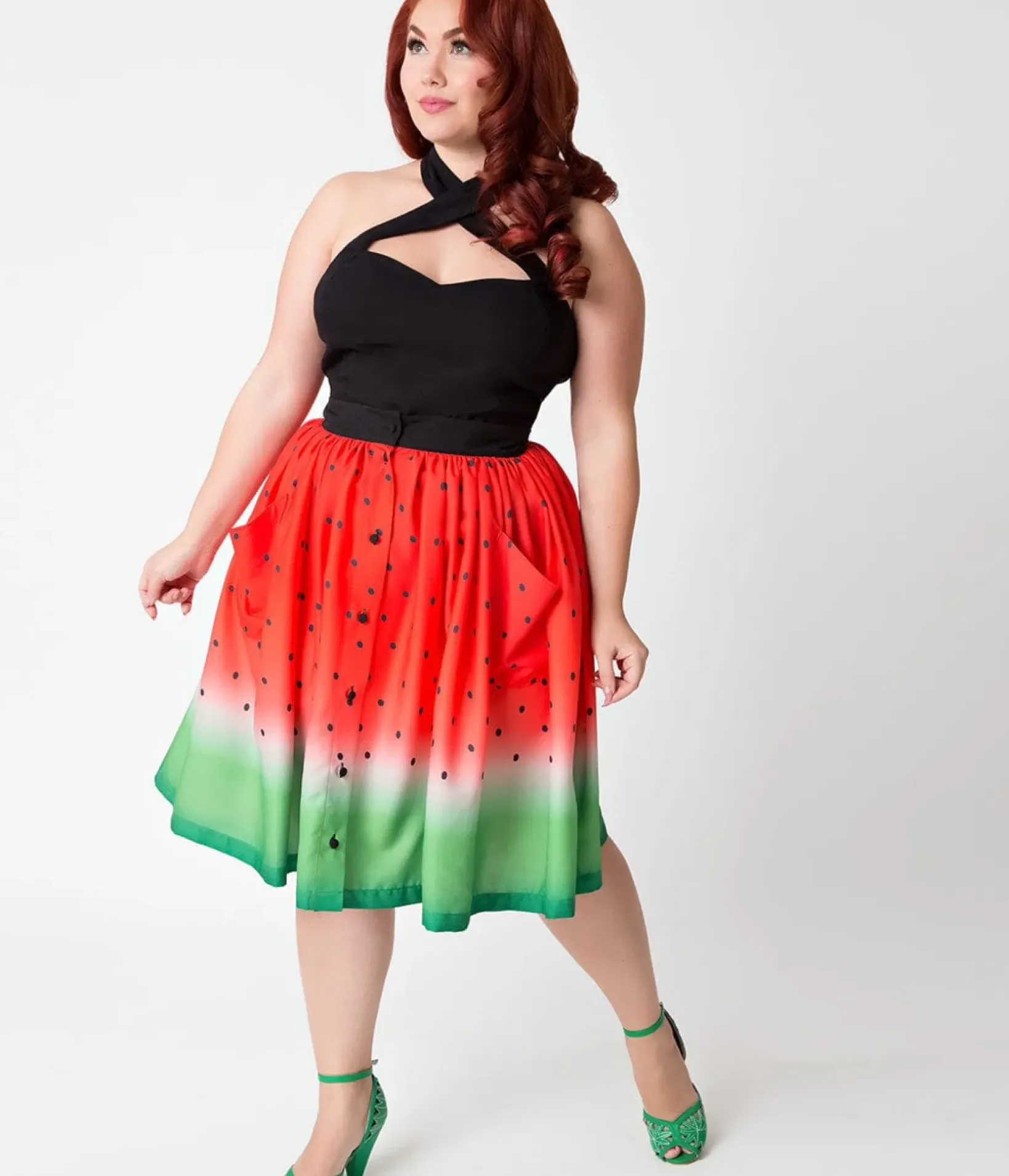 Unique Vintage Skirts|Skirts>Plus Size Watermelon Ombre Button Up Elora Swing Skirt