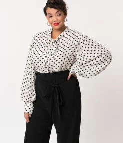 Unique Vintage Blouses|Blouses>Plus Size White & Black Polka Dot Neck Tie Gwen Blouse