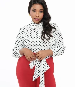 Unique Vintage All Things Black|Work Wear>Plus Size White & Black Polka Sashed Bodysuit