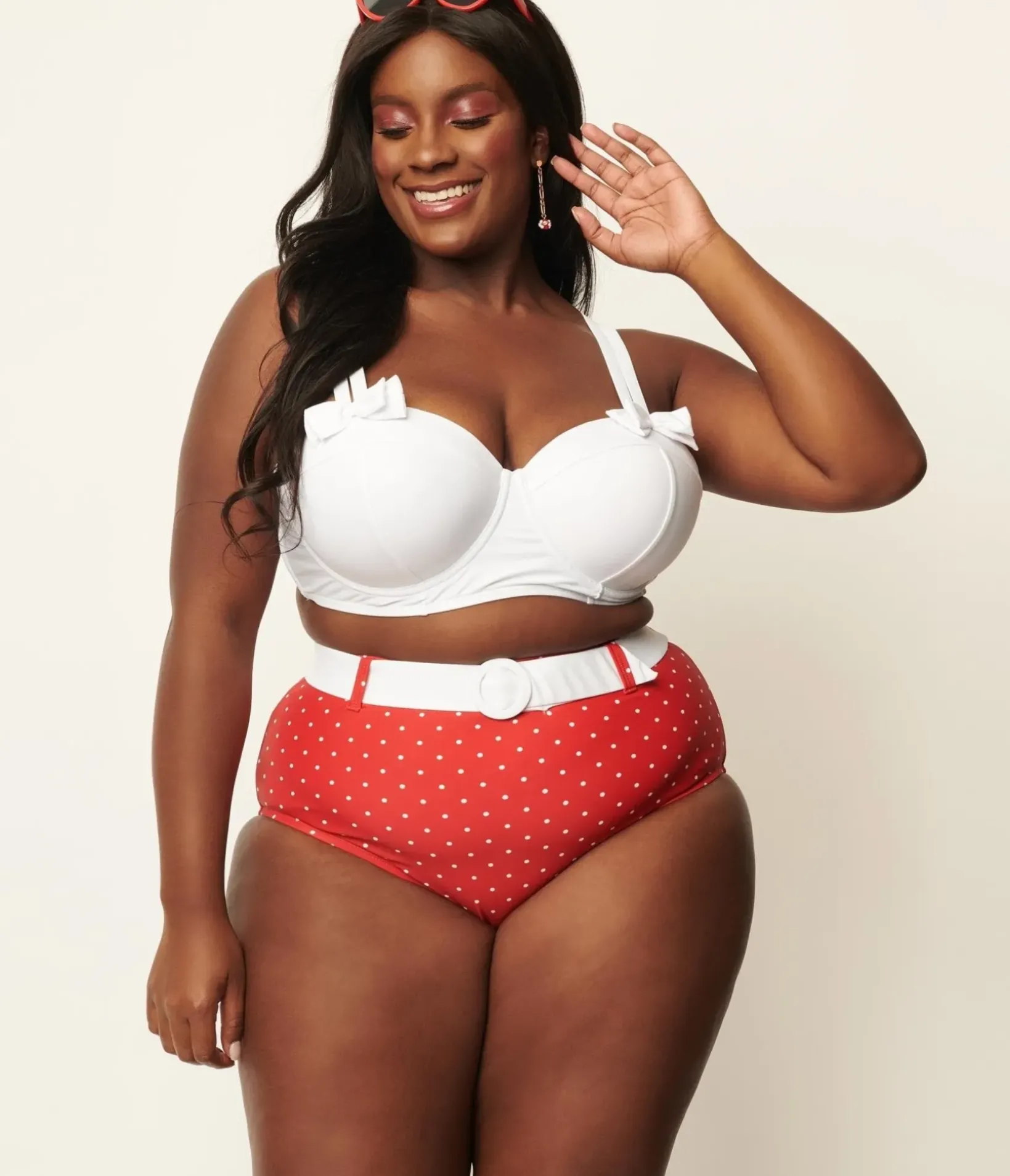 Unique Vintage Two Piece Swim|Swim Tops>Plus Size White Bowed Over Swim Top