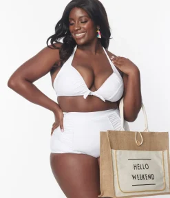 Unique Vintage Two Piece Swim|Swim Tops>Plus Size White Halter Swim Top