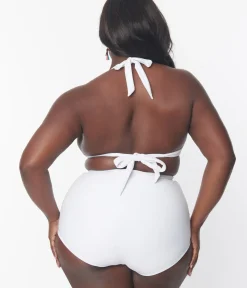 Unique Vintage Two Piece Swim|Swim Tops>Plus Size White Halter Swim Top