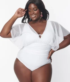 Unique Vintage One Piece Swim|One Piece Swim>Plus Size White Mesh Sleeved Torrey Swimsuit