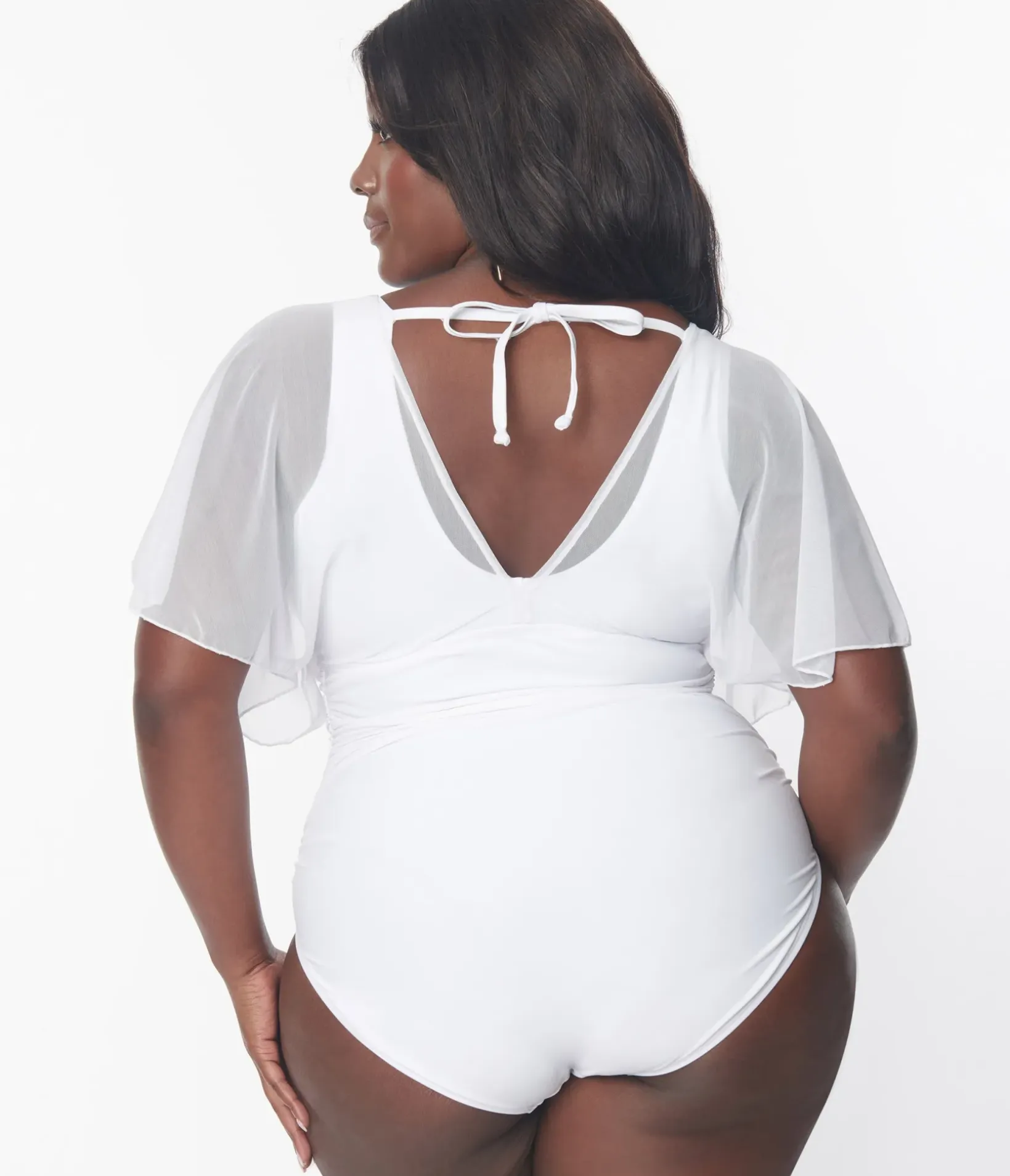 Unique Vintage One Piece Swim|One Piece Swim>Plus Size White Mesh Sleeved Torrey Swimsuit