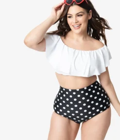 Unique Vintage Two Piece Swim|Swim Tops>Plus Size White Ruffled Ramona Swim Top
