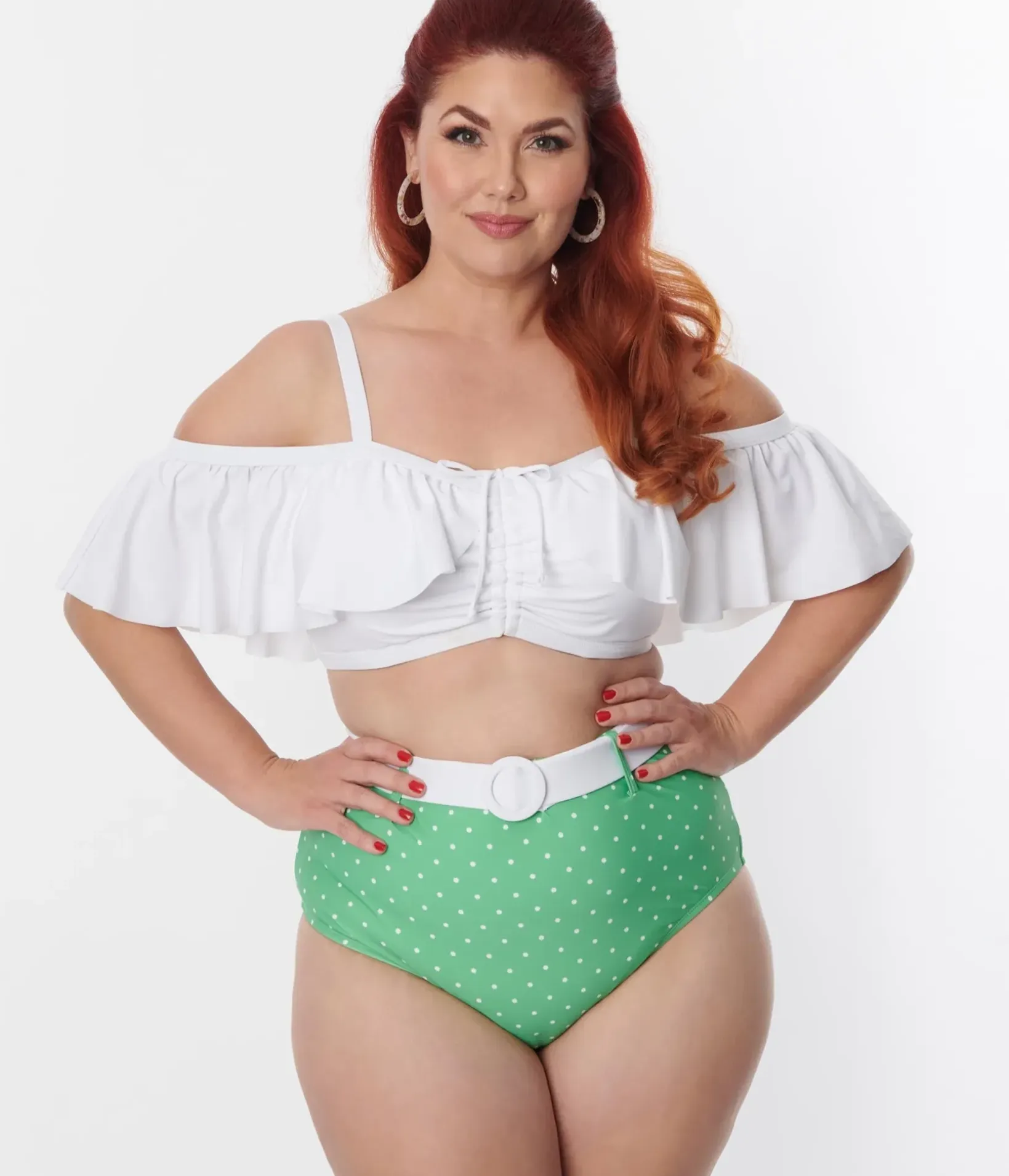 Unique Vintage Two Piece Swim|Swim Tops>Plus Size White Ruffle Swim Top