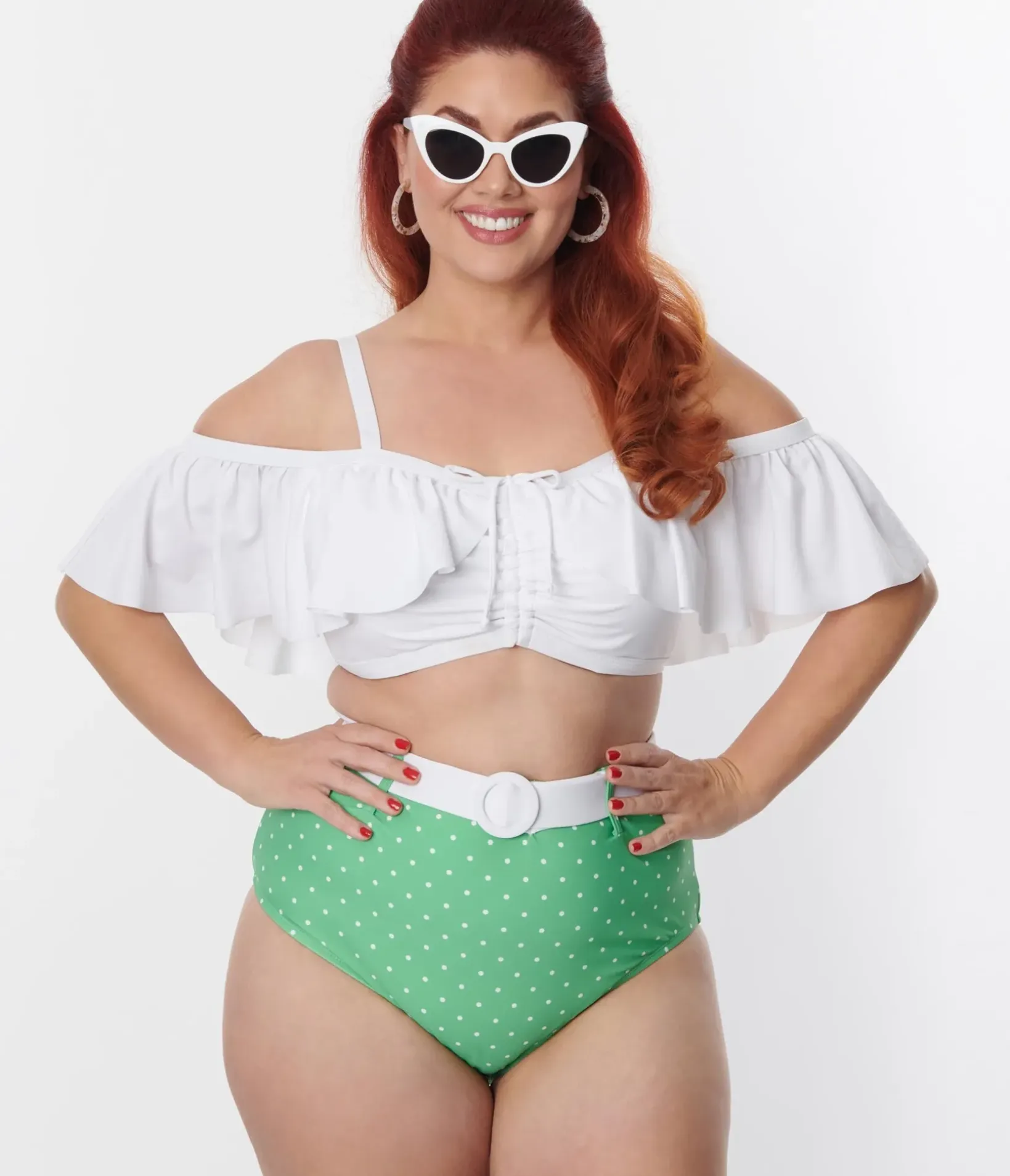 Unique Vintage Two Piece Swim|Swim Tops>Plus Size White Ruffle Swim Top