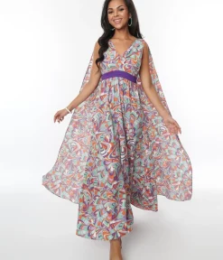Unique Vintage Maxi|Everyday Dresses>Purple & Mint Psychedelic Wave Print Cape Maxi Dress