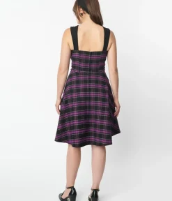 Unique Vintage Fit & Flare|Everyday Dresses>Purple Plaid Corset Flare Dress