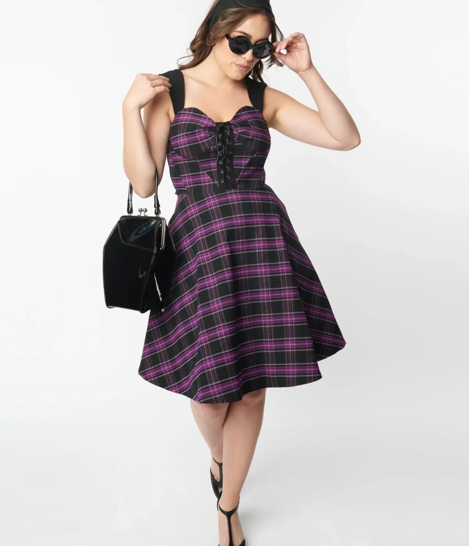 Unique Vintage Fit & Flare|Everyday Dresses>Purple Plaid Corset Flare Dress