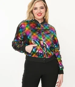 Unique Vintage Coats & Jackets|Pride>Rainbow Sequin Satin Bomber Jacket