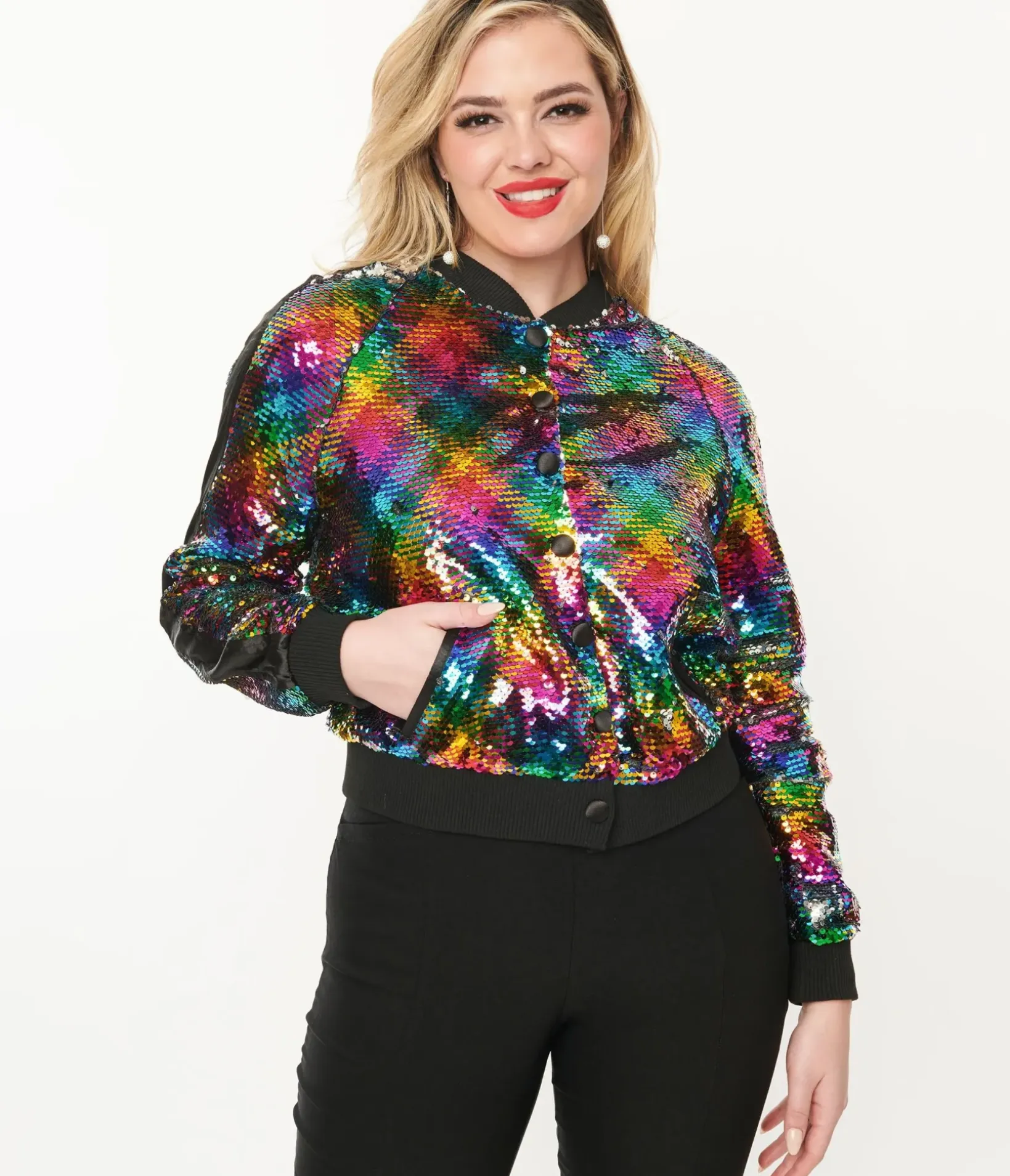 Unique Vintage Coats & Jackets|Pride>Rainbow Sequin Satin Bomber Jacket
