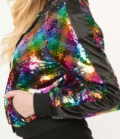 Unique Vintage Coats & Jackets|Pride>Rainbow Sequin Satin Bomber Jacket