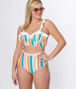 Unique Vintage Swim Tops>Rainbow Striped Southampton Swim Top
