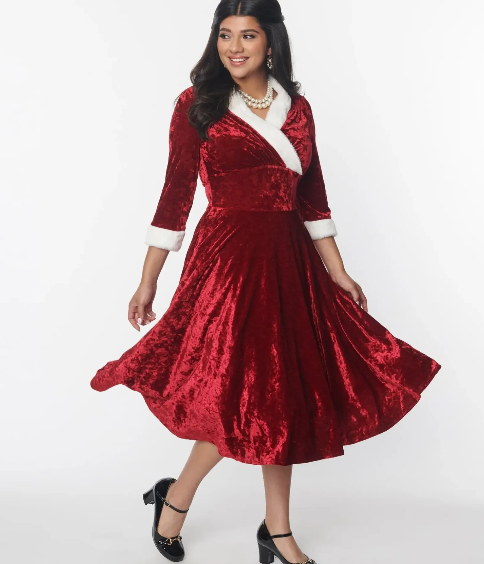 Unique Vintage Swing|Swing>Red Crushed Velvet & Ivory Fur Delores Swing Dress