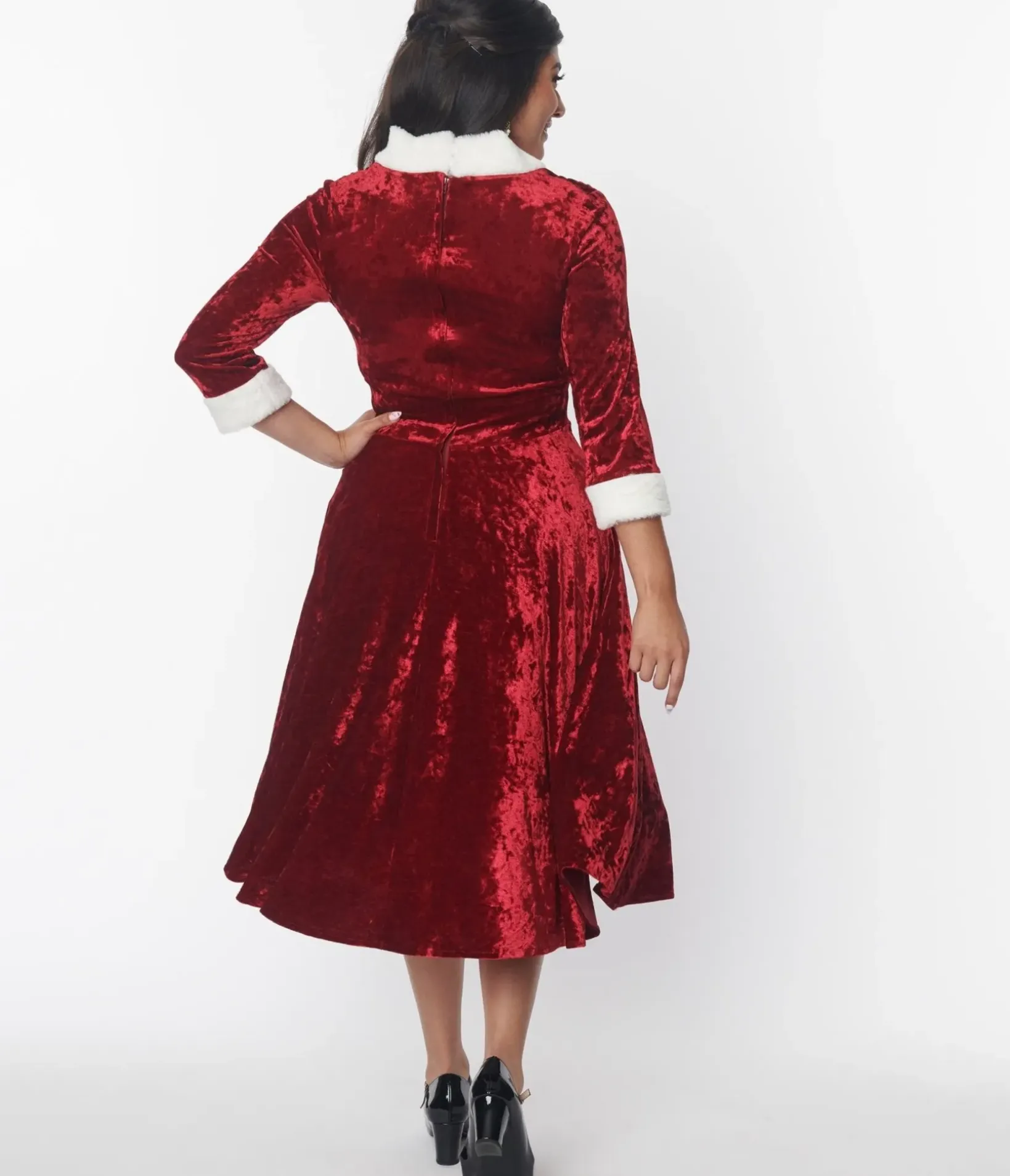 Unique Vintage Swing|Swing>Red Crushed Velvet & Ivory Fur Delores Swing Dress