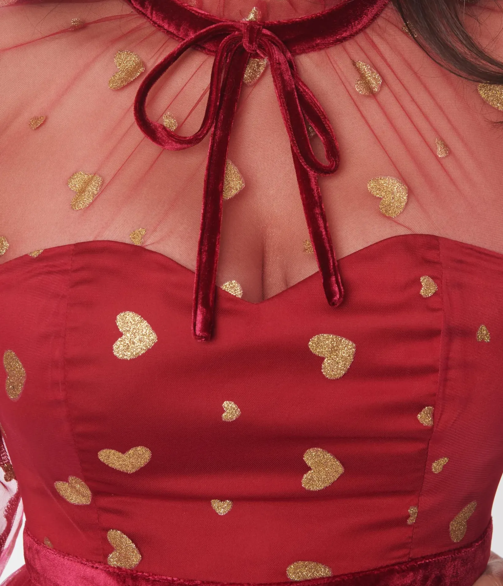 Unique Vintage Fit & Flare|Everyday Dresses>Red & Gold Glitter Heart Flare Dress