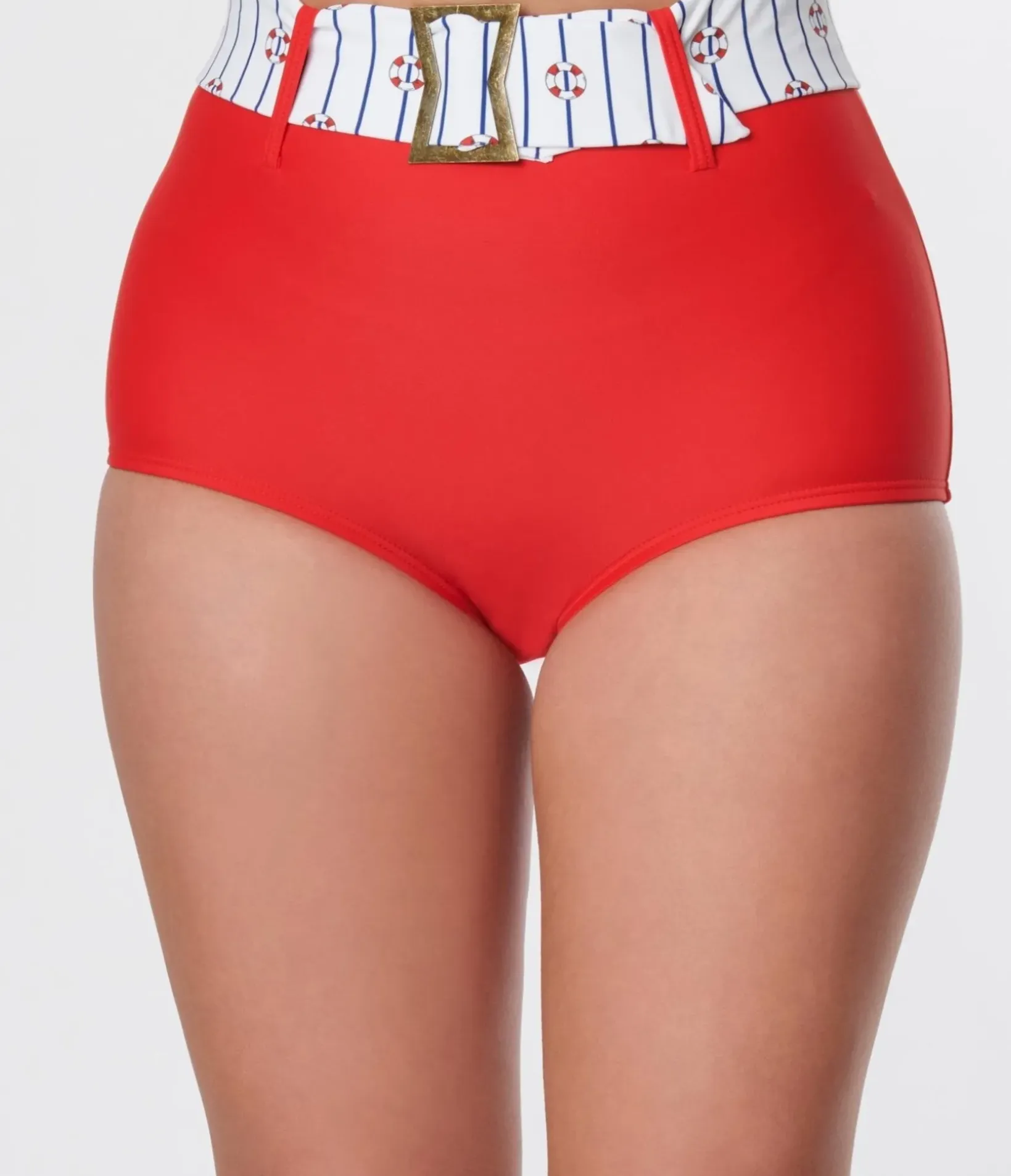 Unique Vintage Swim Bottoms|Two Piece Swim>Red High Waist Belted Swim Bottom