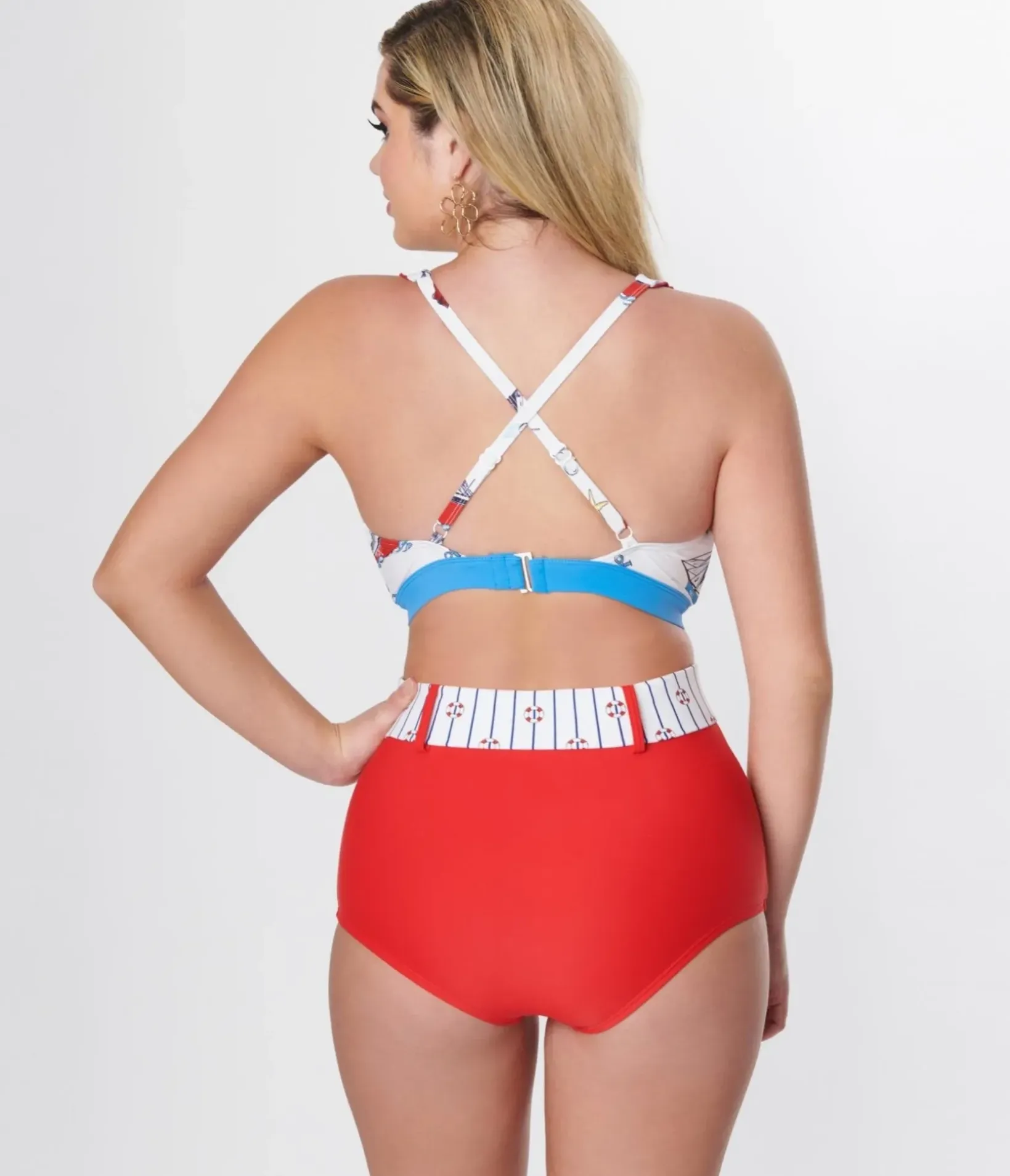 Unique Vintage Swim Bottoms|Two Piece Swim>Red High Waist Belted Swim Bottom