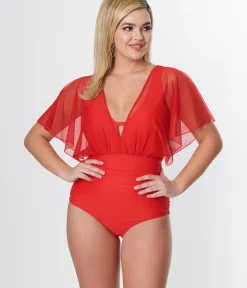 Unique Vintage One Piece Swim|All Things Red>Red Mesh Sleeved Torrey Swimsuit