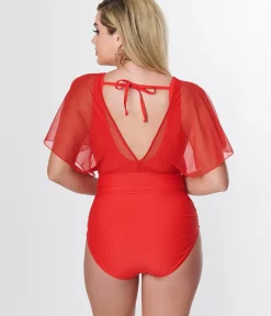 Unique Vintage One Piece Swim|All Things Red>Red Mesh Sleeved Torrey Swimsuit
