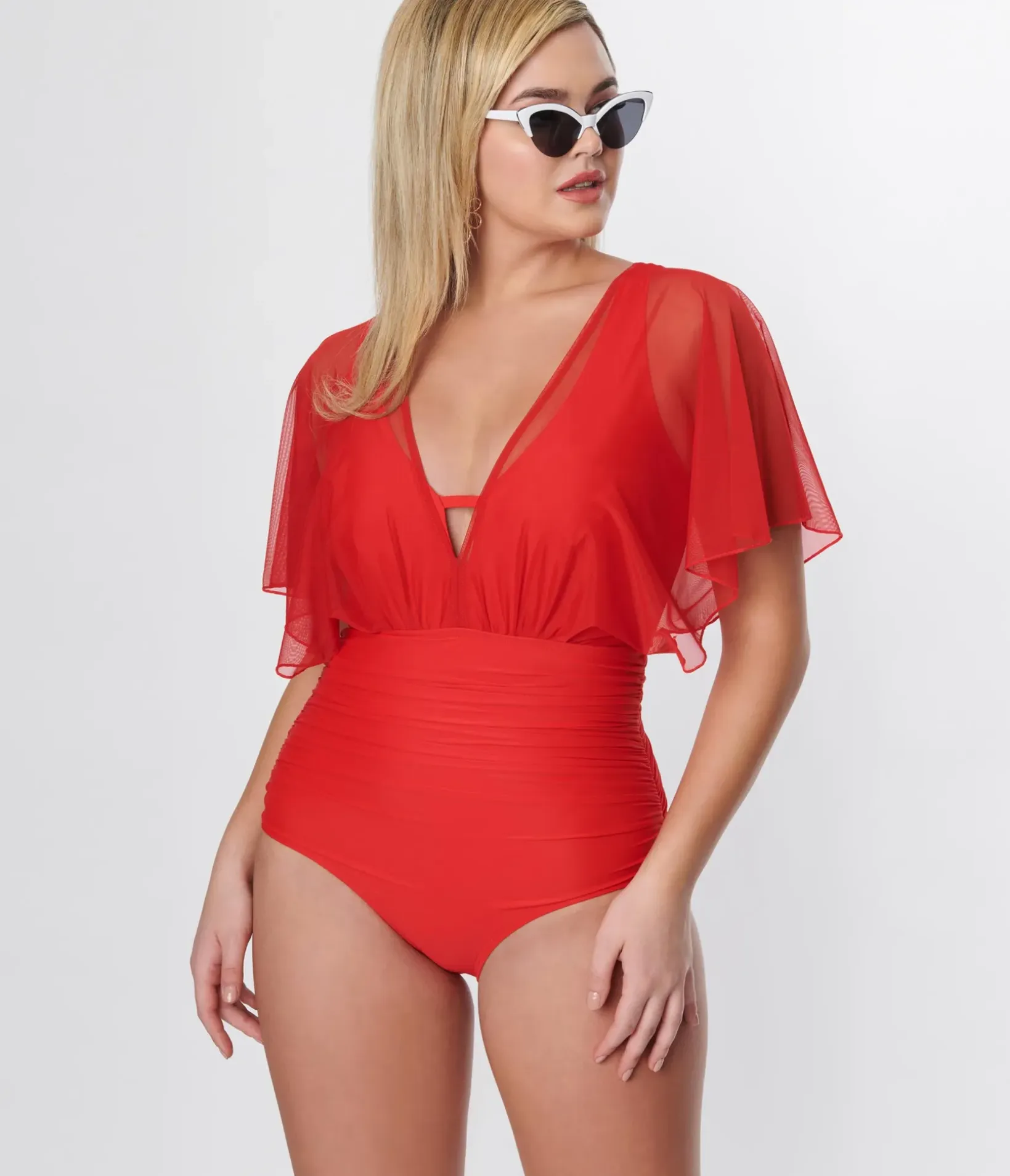 Unique Vintage One Piece Swim|All Things Red>Red Mesh Sleeved Torrey Swimsuit