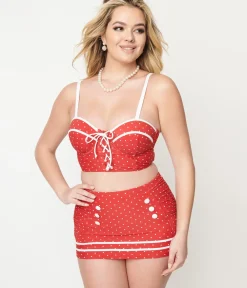 Unique Vintage Swim Tops|Two Piece Swim>Red Pin Dot Lace Up Swim Top