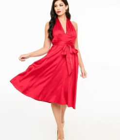Unique Vintage Swing|Pocket Dresses>Red Satin Halter Swing Dress