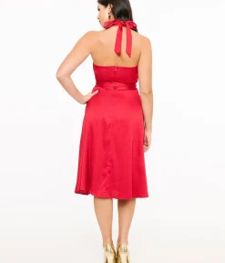 Unique Vintage Swing|Pocket Dresses>Red Satin Halter Swing Dress