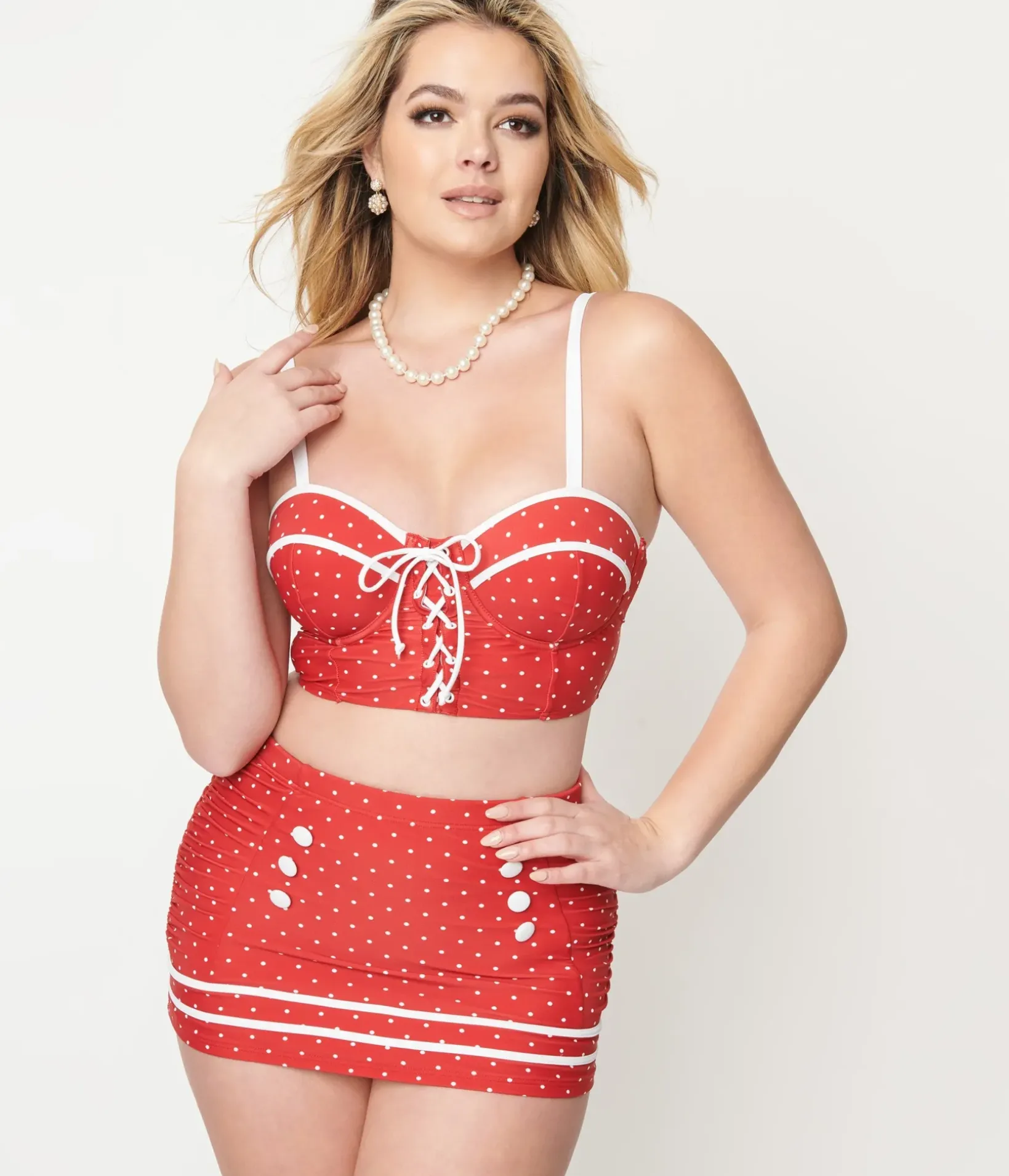 Unique Vintage Swim Bottoms|Two Piece Swim>Red & White Pin Dot Sailor Swim Bottom