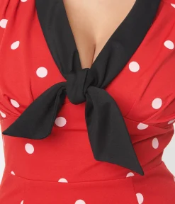 Unique Vintage Pencil|Everyday Dresses>Red & White Polka Dot Neck Tie Wiggle Dress