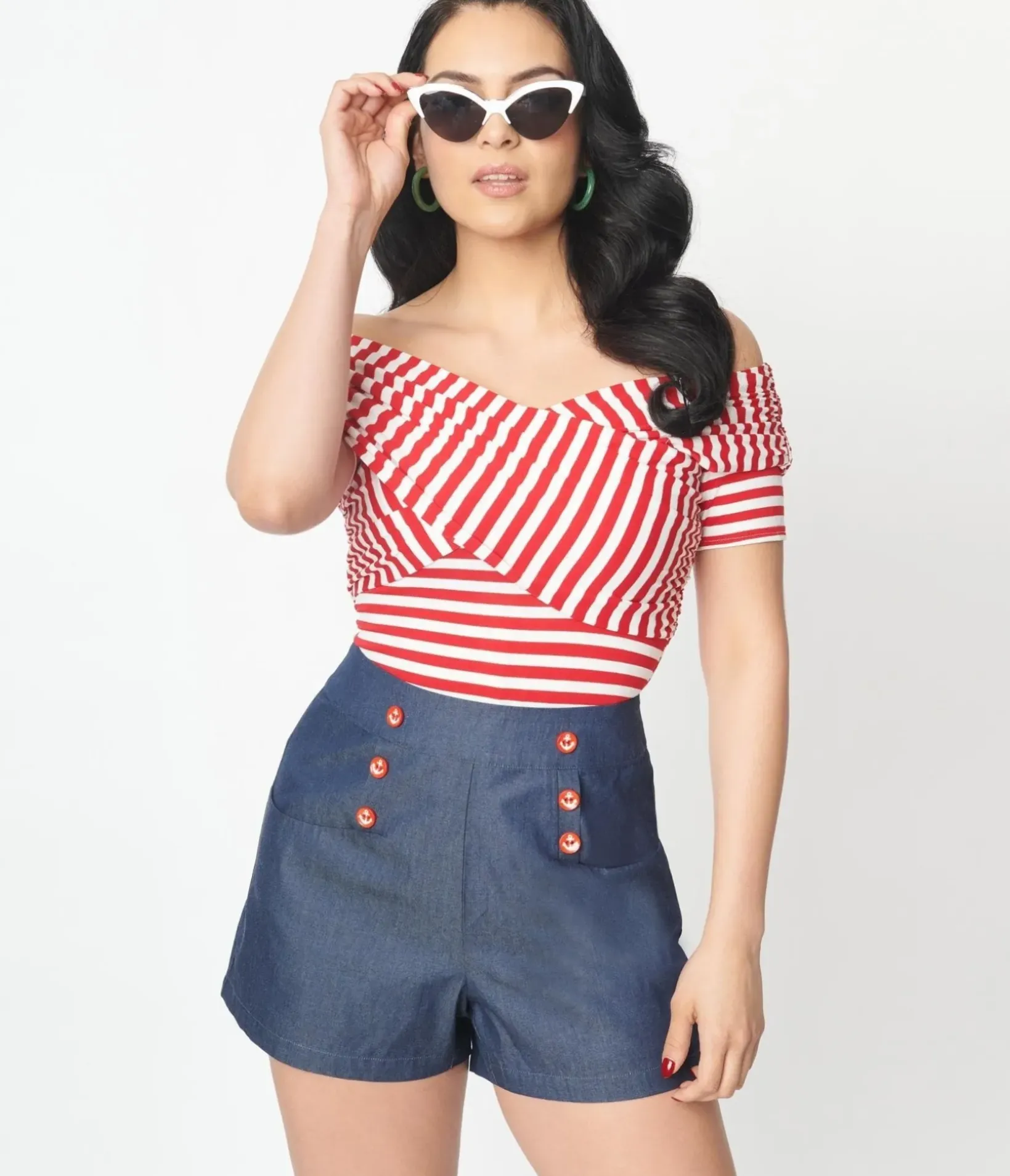 Unique Vintage All Things Red>Red & White Striped Off Shoulder Daydreamer Bodysuit