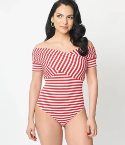 Unique Vintage All Things Red>Red & White Striped Off Shoulder Daydreamer Bodysuit