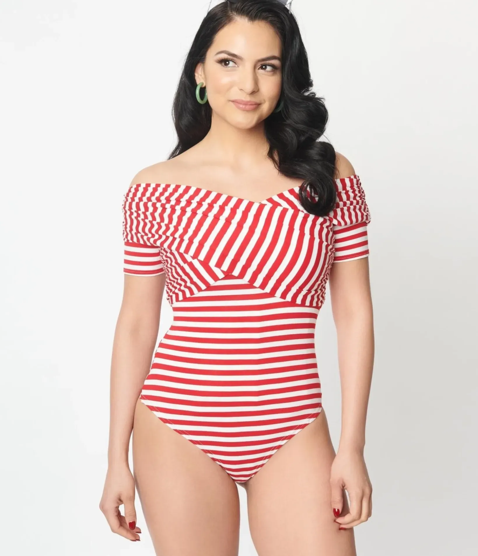 Unique Vintage All Things Red>Red & White Striped Off Shoulder Daydreamer Bodysuit