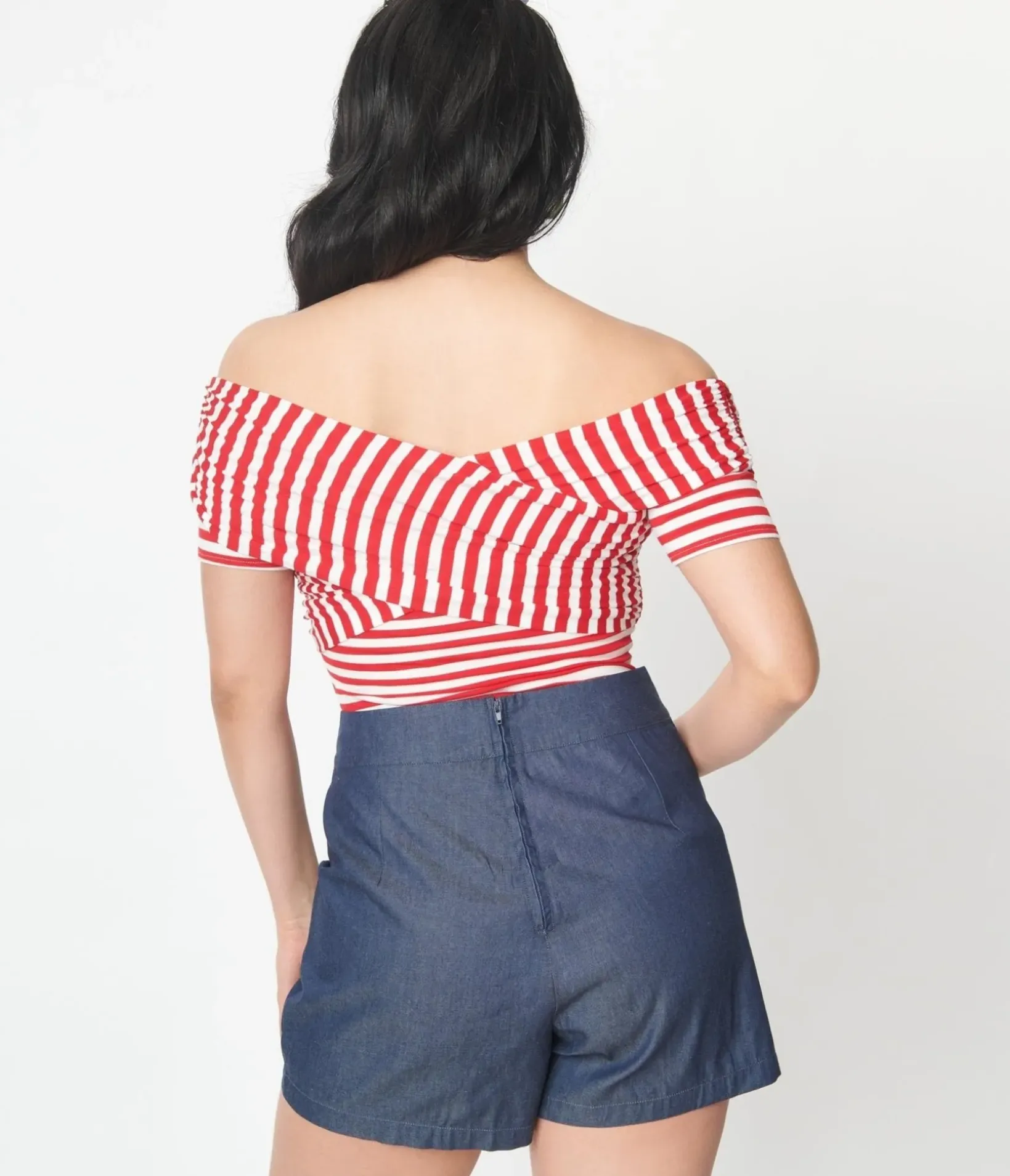 Unique Vintage All Things Red>Red & White Striped Off Shoulder Daydreamer Bodysuit