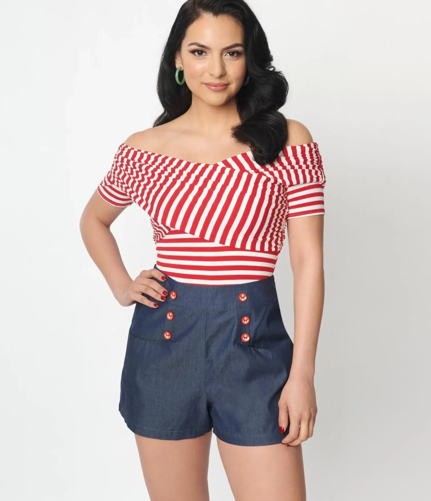 Unique Vintage All Things Red>Red & White Striped Off Shoulder Daydreamer Bodysuit