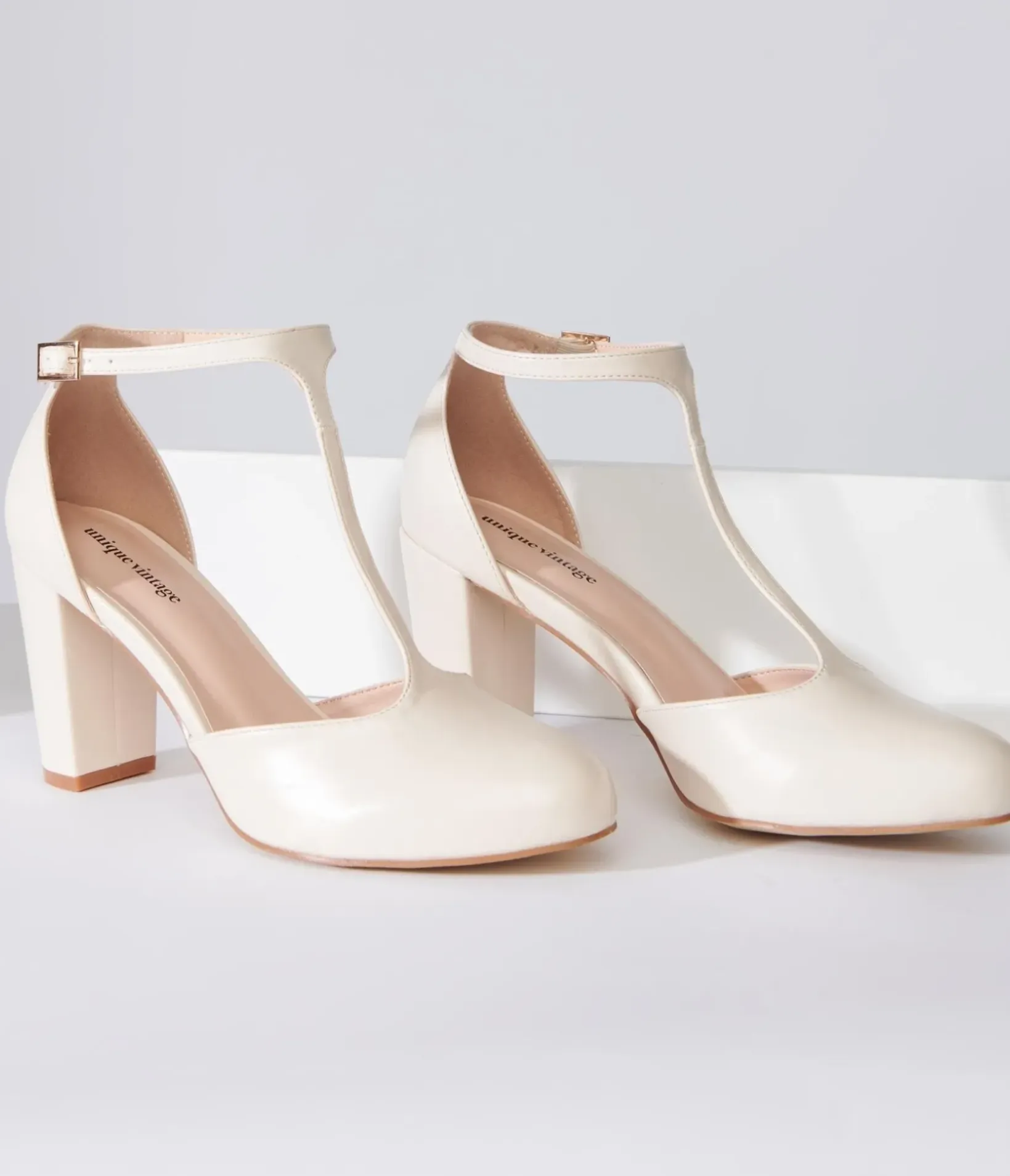 Unique Vintage Special Occasion|Heels>1920s Beige Leatherette T-Strap Astaire Pumps