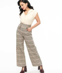 Unique Vintage Pants|Work Wear>1940s Beige Plaid High Waist Sailor Ginger Pants