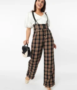 Unique Vintage Pants|Pants>1930s Black & Auburn Plaid Thelma Suspender Pants