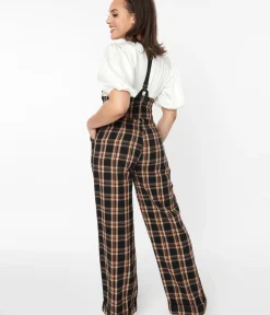 Unique Vintage Pants|Pants>1930s Black & Auburn Plaid Thelma Suspender Pants