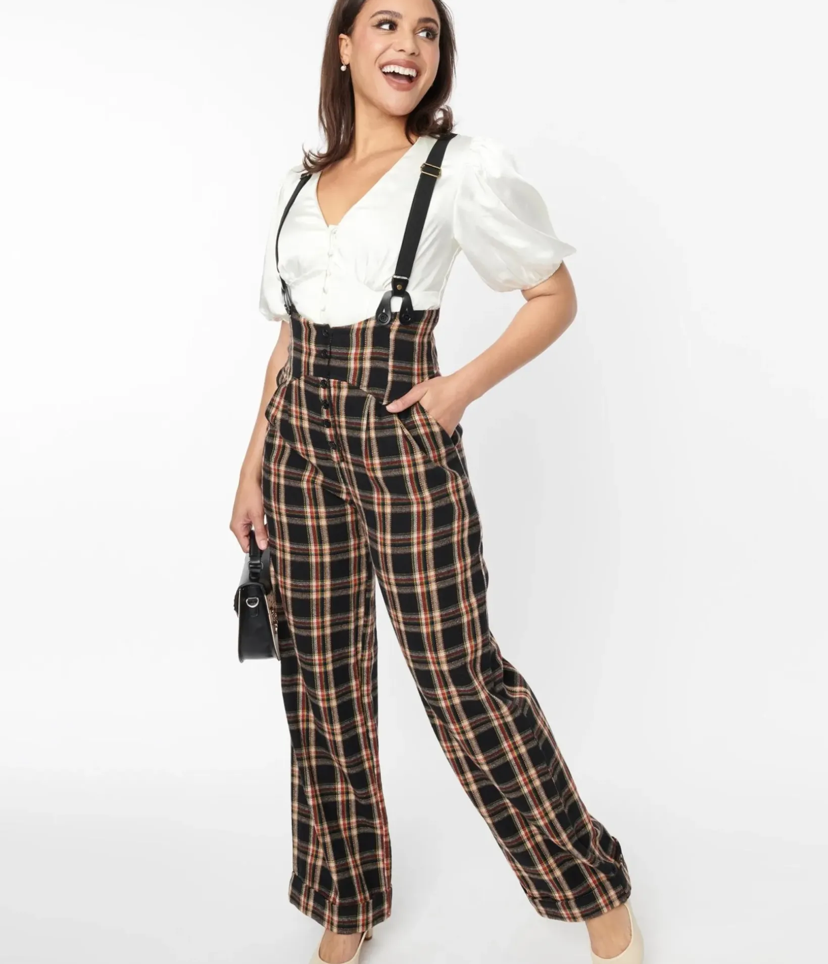 Unique Vintage Pants|Pants>1930s Black & Auburn Plaid Thelma Suspender Pants